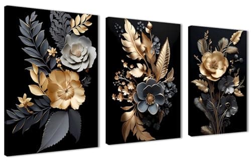 NOVA ART 3 Piece Canvas Wall Art Modern Abstract Black and Gold Flowers Wall Decor for Living Room Bedroom Kitchen Etc Modern Home Decor (30cm x 40cm x 3pcs)