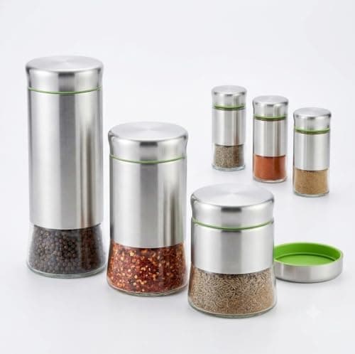 3 Pieces Spice and Legume Canisters Set, Stainless Steel Glass Storage Containers with Airtight Lid, 400ml, 600ml, 850ml Kitchen Organizers for Spices, Spices, Legumes Imported