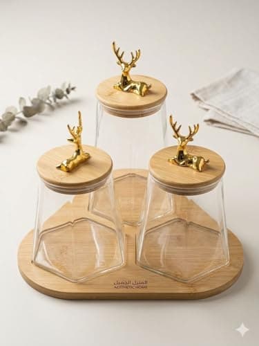 Generic Glass Storage Jar Set with Bamboo Rotating Stand, Gold Deer Lid, 3 Pieces, 800ml, 1000ml, 1200ml, .em Food storage container
