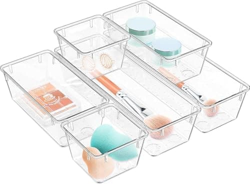 Circle M 6-Pack Clear Acrylic Drawer Organizer Trays: Makeup & Utensil Storage Bins Caddy