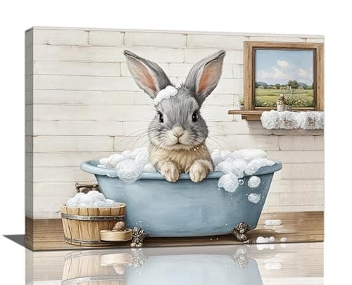 Farmhouse Bunny Bathroom Decor Wall Art Rabbit Pictures Canvas Prints Rustic Country Bathroom Painting Artwork Easter Decoration Framed Gifts for Women Girl Restroom Toilet 12"x16"