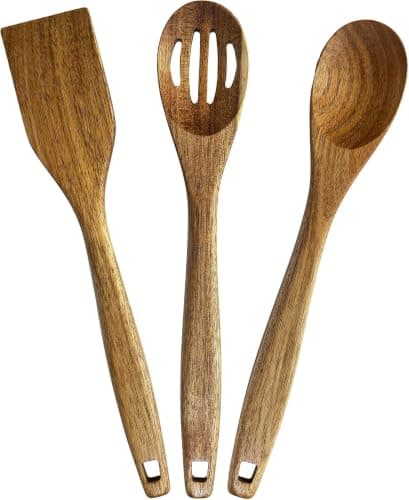 4-Piece Natural Sarsou Wood Kitchen Utensil Set for Serving and Cooking