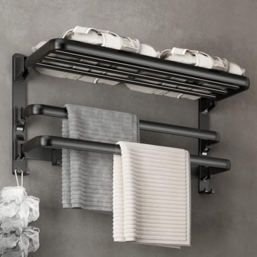 2-Tier Metal Bathroom Towel Rack Wall Mounted Drying Rack with Hooks Towel holder