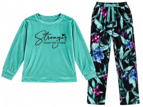 Winter Pajamas 2 Piece Tunic Top Floral Pants Daily Home Wear Cold Weather A