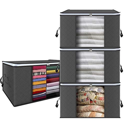 GEEDIAR Clothes Closet Organizers and Storage Bags,Large Capacity Clothing Storage Containers with Reinforced Handle,Set of 4 Foldable Bedding Organizer Bags with Zipper,90L,Grey Storage box