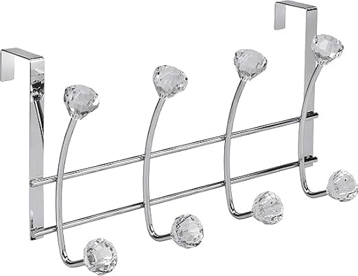 5 Hook Behind The Door Hanger with Crystal Handles – No Nails Metal Clothes Hanger for Hanging Clothes, Bags, Towels, Space Organization - AM