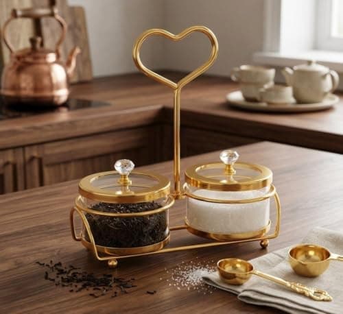 Generic 2-in-1 Gold Snack and Treat Carrier with Heart-Shaped Handle, Glass Jars, Crystal Knob Lids, for Tea and Sugar, .db