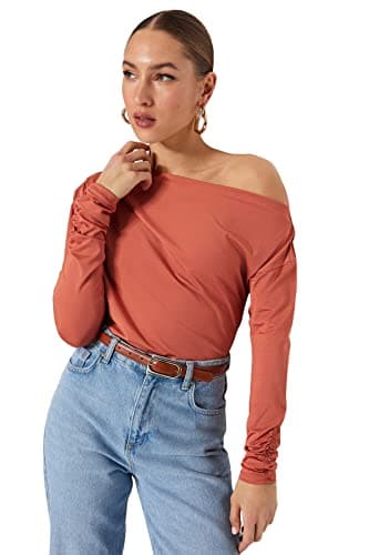 Trendyol Womens Cinnamon Asymmetrical Collar Flowy Stretchy Knitted Blouse TWOAW21BZ1383 Blouse (pack of 1) Shirt