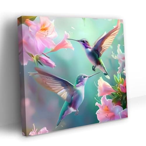 PBXBJY Hummingbird Wall Art Bird Canvas Prints Hummingbird with Floral Pictures Watercolor Animal Painting Poster Bathroom Bedroom Office Decor Frame (12L x 12W)