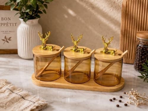 Generic Spice Jar Set of 3 with Wooden Lids, Spoons & Stand, 400ml, .Ais Food storage container