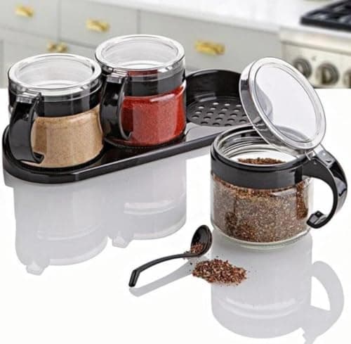 Generic 3-Piece Glass Spice Jar Set on Stand, Black, .F