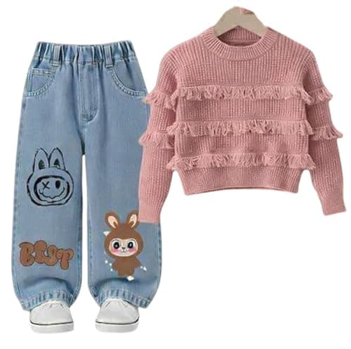 MEZA Girls Winter 2 Piece Set Ruffle Knitted Blouse with Graphic Jeans Pants Turkish Dough Material Coordinated outfit
