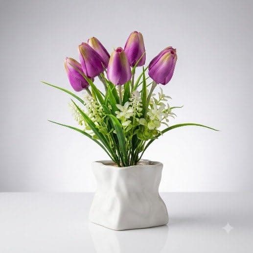 Modern White Plastic Vase with Purple Tulip Flowers