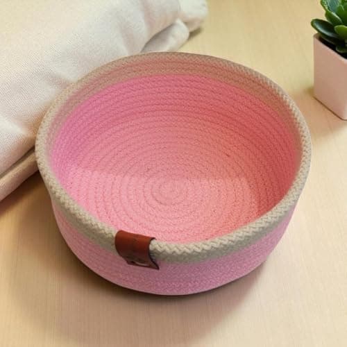 Woven It Handmade Cotton round Pink & White Basket 18cm x 8cm, can be used in Kitchen, toilet, bedroom, kids room, living room, dining room, inside and outside.
