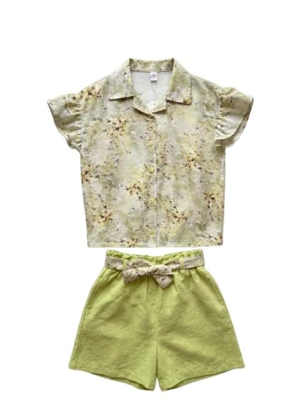 Girls Floral Button-Up Top and Green Shorts Co-ord Set-SG26-236 SG26-236 | Ruffle Sleeves, Tie-Front Blouse, Belted Shorts, Two-Piece Outfit, Summer Wear Coordinated outfit