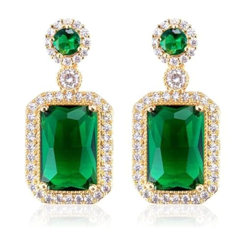 Julia Store Drop Dangle Green Earrings for Women May Birthstone Large Emerald 18K Gold Plated Stainless Steel Iced Big Cushion Cubic Zirconia Earrings Trendy Jewelry