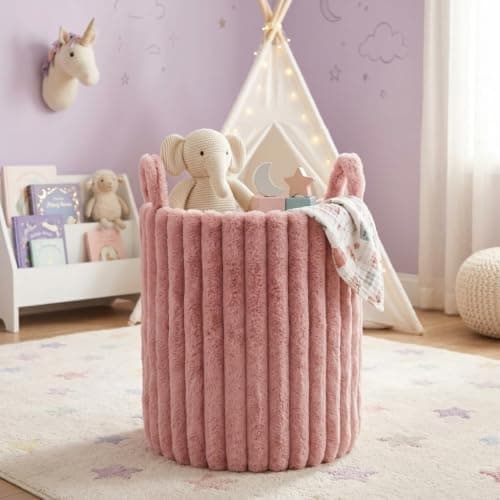 Large Ribbed Velvet Laundry Basket Foldable Clothes Bin with Carry Handles
