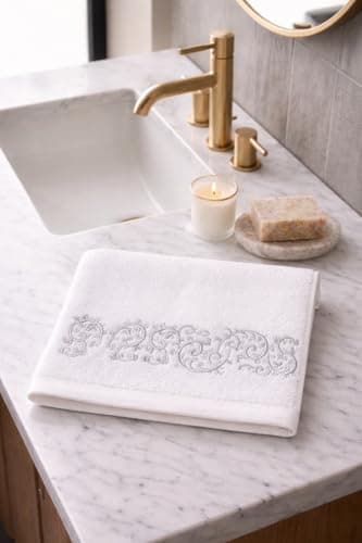Embroidered Guest Towel – Soft Face Towel with Elegant Scroll Design – Decorative Bathroom Towel (White)