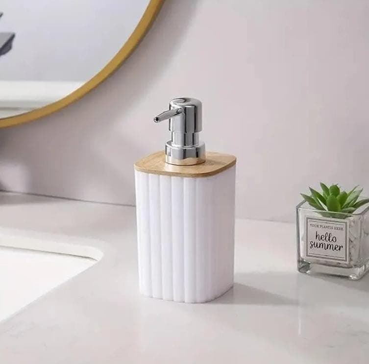 Generic Soap Dispenser White Reinforced Plastic with Wood Lid, .mek Pump dispenser