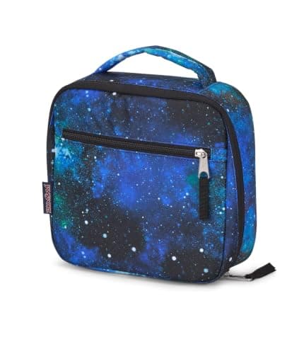 JanSport Lunch Break Bag in Cyberspace Galaxy Black | Insulated Interior, Front Zip Pocket, Carry Handle Meal holder