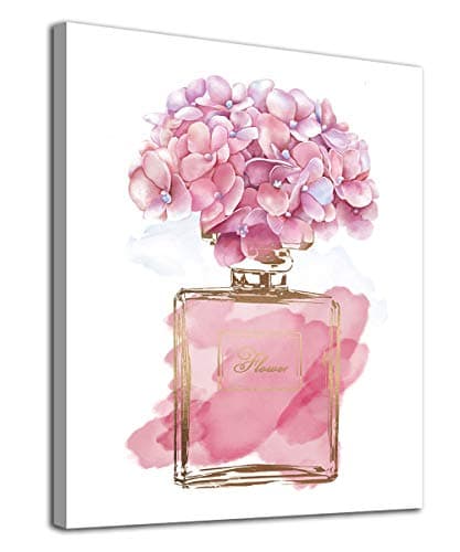 Pink Flowers Wall Art Fashion Canvas Pictures Girls Bedroom Wall Decor Watercolor Hydrangea Contemporary Canvas Artwork Botanic Perfume Bottle Living Room Bathroom Decor Framed Ready to Hang 12" x 16"