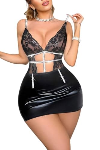 NF22-477 Black - Lace & Wet Look Lingerie Dress with Glitter Astress | Deep neckline, Floral Embroidery, Criss-Cross Stripes, Bodycon Mini Skirt, Satin Black