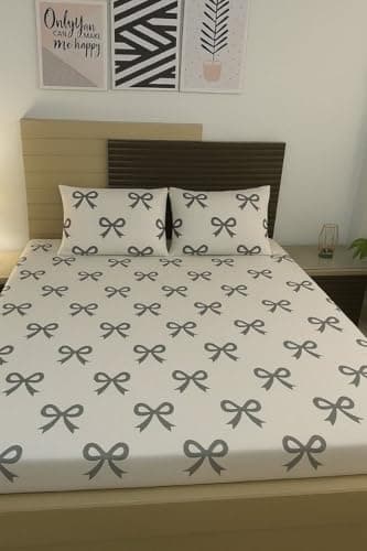 Generic Bow Print Fitted Sheet Set, White and Black, Cotton, 160 cm, with 2 Pillowcases and 2 Cushion Covers, Fits Mattresses up to 30 cm, .reh Bed linen set