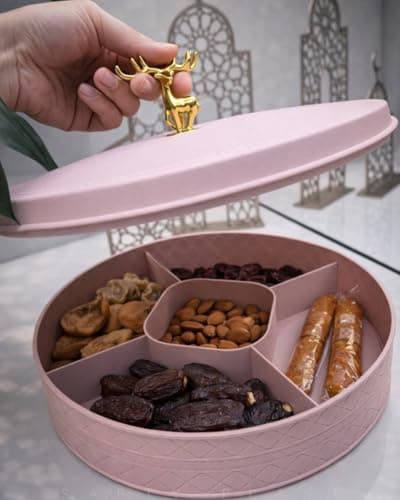 Generic Gazelle Bonbonniere with Gold Deer Handle, Round Divided Serving Tray for Dates Nuts Sweets, Elegant Design with Engraved Details .nin