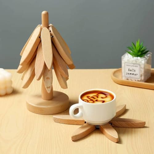 Bamboo Wood Coaster Set 3 Pcs with Tree Stand Holder 9.5cm Table Mats