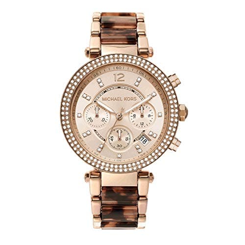 Michael Kors MK6832 Metal Stone Embellished Bezel Round Analog Watch for Women - Gold and Brown