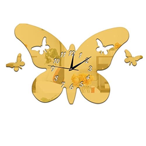 Peculiar Butterfly Shape Frame Creative Wall Clock Removable Mirror Stickers Watch Home living Room Bedroom Decor(Gold)