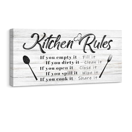 Pinetree Art Kitchen Rules Wall Decor Funny Inspirational Quote Canvas Print Modern Rustic Farmhouse Decorative (8X16 Inch, W) Decorative signage