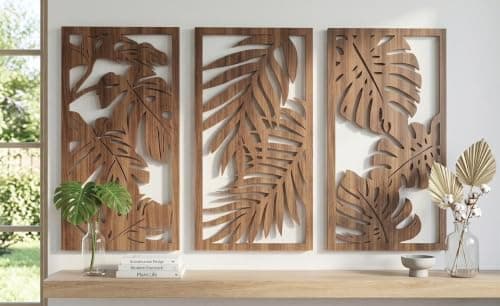 Triple Tropical Leaf Wall Art Melamine Brown 122x75cm | 6mm Thick, Reinforced Appliques Frame, Tropical Leaves Design, Fisher Screw Mount, Each Piece is 29.5" x 14.5"