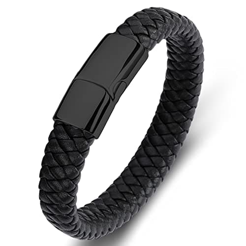 LJWVX Mens Black Leather Bracelets,Braided Leather Wristband Cuff Bracelet,Stainless Steel Clasp,Gift for Dad