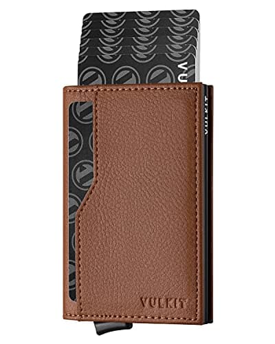 VULKIT Credit Card Holder with Double ID Window Leather Passcase Wallet RFID Blocking Automatic Pop Up Card Wallet for Cards & Notes