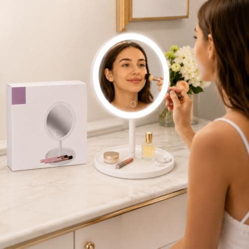 Portable LED Makeup Mirror With Adjustable Brightness HD Vanity Mirror Touch Control 180 Degree Adjustable Stand Built In Storage Tray Cordless Desktop Cosmetic Mirror For Makeup Skincare Travel