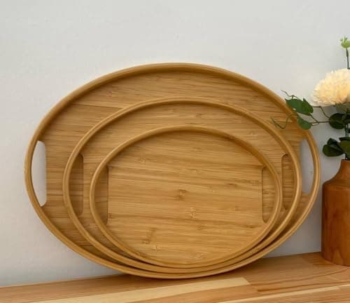 Generic Oval Serving Tray Set, 3 Pieces in Assorted Sizes, Natural Wood Finish, .ht