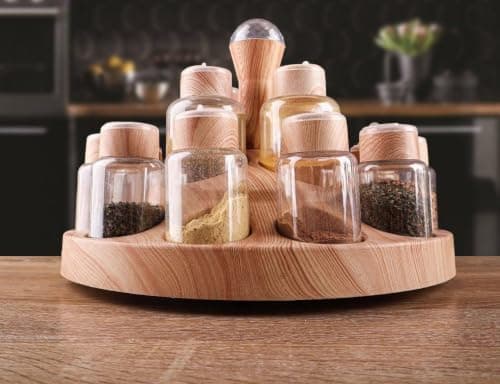 Generic Rotating Spice Rack Set with 15 Glass Jars and Wooden Stand, .soh Storage rack