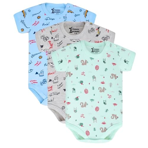 Funny Bunny Pack of 3 Cotton Printed Color Half Sleeve Bodysuit for Baby Leotard