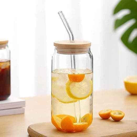 Mason Jar with Lid and Straw Wide Mouth 600ml Iced Coffee Cups Reusable Cocktail Cups with Silicone Clear Bamboo Lid for Juice Cocktail Drinking cup