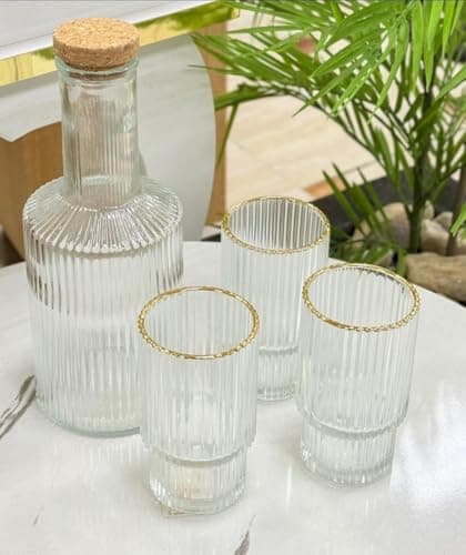 Generic Ribbed Glass Bottle Set, Clear Crystal, 1-Litre Bottle with 6 Cups, Cork Lid, 7-Piece, .smk