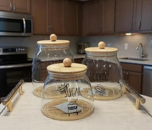 Generic Glass Canister Jars Set of 3 with Wooden Lids, Tea Sugar Coffee, .za Food storage container