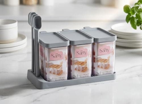 Generic A 3-piece mini spice set featuring a sturdy stand and dedicated spoons, The containers are made of clear acrylic, suitable for various kitchen uses, Color: Gray, .kit