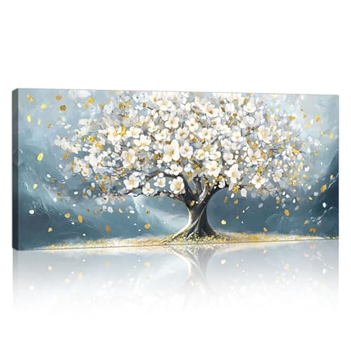 Large Canvas Pictures Wall Pictures with Frame, Beige Blooming Flowers Trees Picture on Canvas Wall Art Nature White Gold Flowers Blue Art Print Decoration for Living Room Bedroom for Hanging 120 x 50