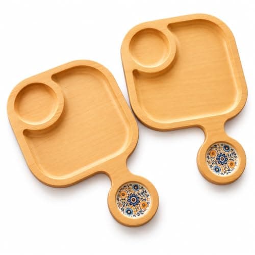 Wooden Serving Trays with PVC Coating Set of 2 | Breakfast & Snack Use, Floral Handle Detail, Divided Compartments, Hospitality Tray, Thai Wood