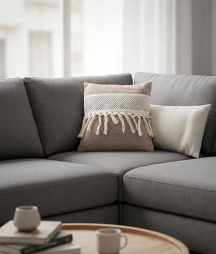 Generic Linen Macrame Cushion Cover with Tassels, 45x45 cm, 2 Pack, (cafe) .br Decorative pillow cover