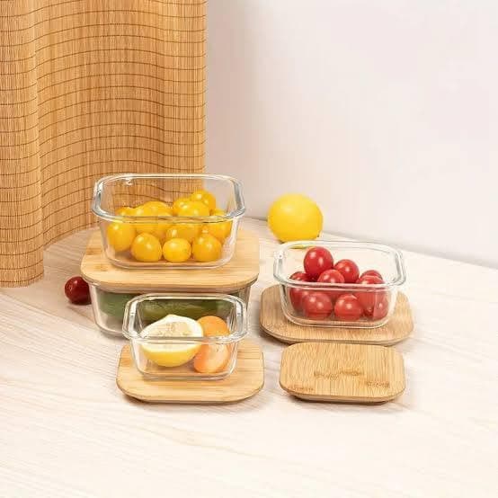 Generic Clear Square Glass Container Set with Wooden Lid, Silicone Gasket Seal, 3 Sizes, .sew