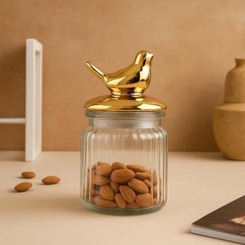 Ribbed Glass Candy Jar with 3D Gold Lid for Sweets Nuts Tea Sugar Storage