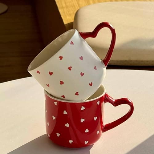 Generic Porcelain Heart Pattern Mug with Heart-Shaped Handle, Red, Coffee Tea Cup, .abe Drinking cup