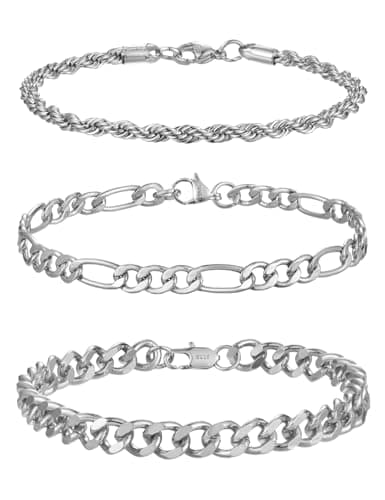 PARIVEA 3 PCS Silver Bracelets for Men 925 Sterling Silver/14K Gold Palted Cuban Link Chain Bracelet Figaro Rope Bracelet Set Mens Jewelry Gifts for Dad Husband Boyfriend 7.5/8.2 Inches